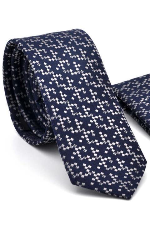 Gaffy Gri Noktalı Lacivert Dokuma Kumaş Mendilli Slim Fit Kravat Sdk-21824