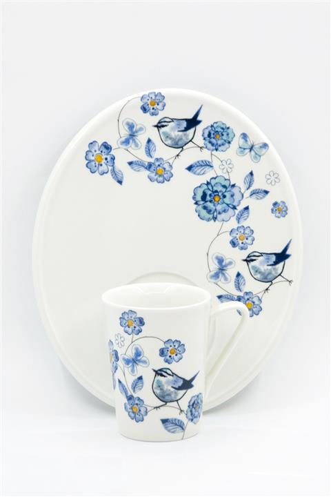 Bursa Porselen Dekor Mavi Kuş Desen Jumbo Sunumluklu Kahve Fincanı
