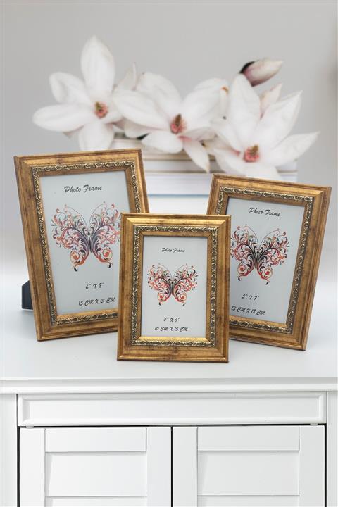 Seniste Modena Dekoratif Resim Çerçevesi 3'lü Gold Eskitme Ayarlanabilir Ayaklı-duvara Asılabilir Mdn0325