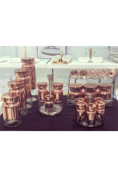 Kosova Züccaciye 22 Parça Çelik Kaplama Cam Baharat Seti Bakır