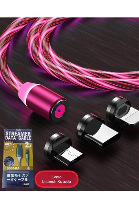 ucuzmi Optik Full Işıklı Mıknatıslı Örgülü Kablo 3in1 Type C Micro Usb Iphone 3'bir Arada Hızlı Şarj
