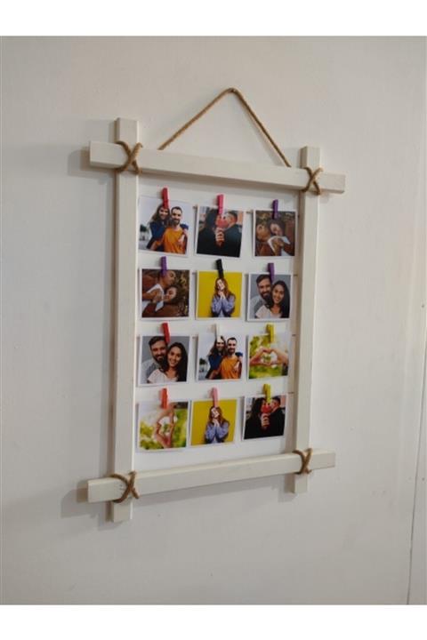 Layerta Mandallı Ahşap Resim Çerçevesi Ipli Fotoğraf Askısı