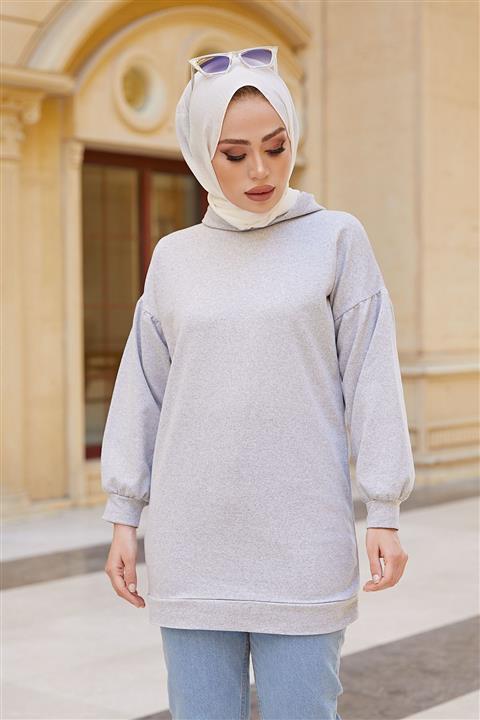 festmoda Kadın Gri Balon Kol Uzun Sweatshirt