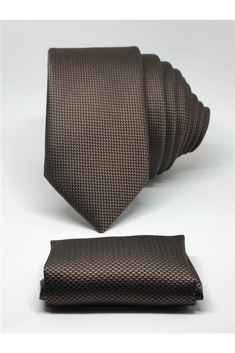 Kravat Gezegeni Kahve Renk Mendilli Slim Fit Oxford Kuş Gözü Desen Kravat