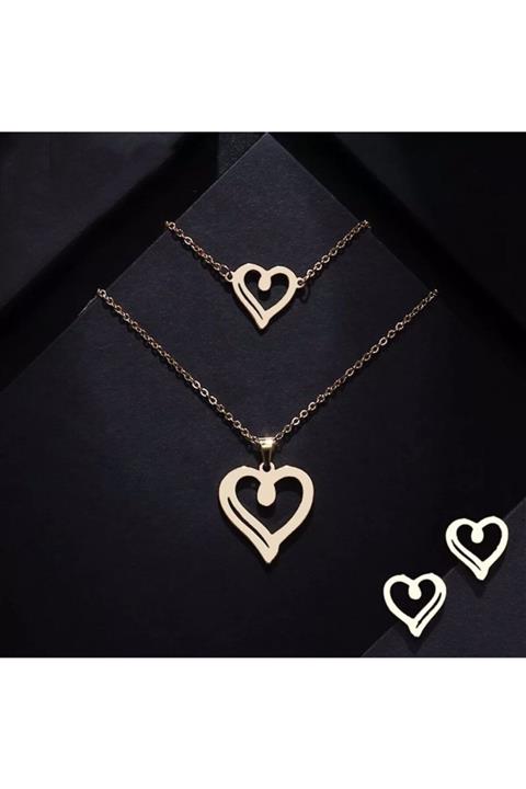 LilaHediyelikEşya Paslanmaz Çelik Kalp Set Kolye Bileklik Küpe Üçlü Set