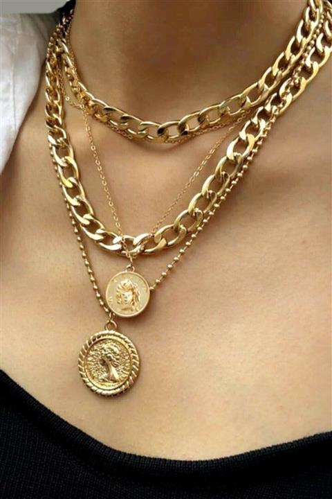 ESUSO 4li Altın Kaplama Madalyon Bayan Zincir Kolye