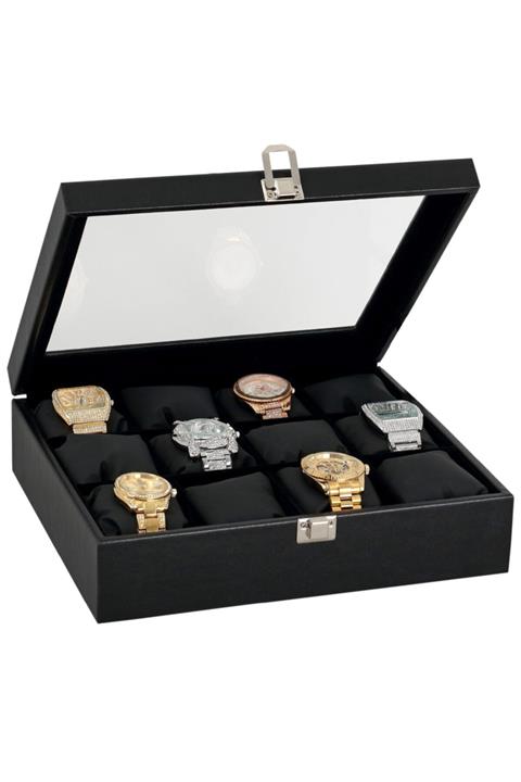 Chavin 12 Li Siyah Deri Ahşap Üzeri Cam Yastık Saat Kutusu St12-23