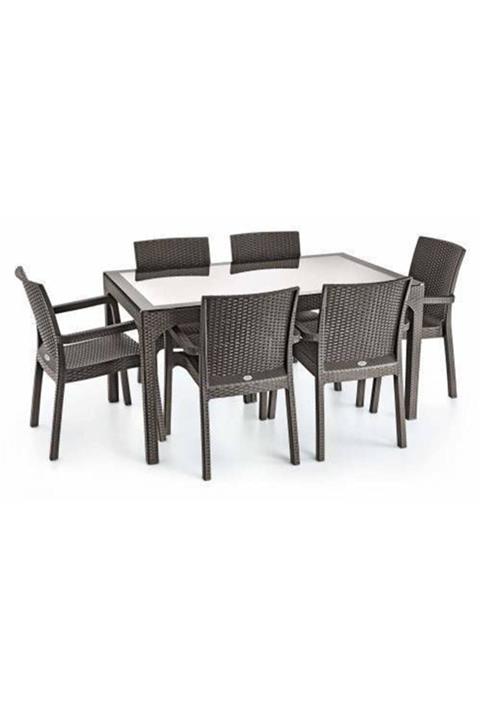 Holiday Rattan Bahçe Masa Takımı Koyu Kahve Rengi ( Camlı ) 90*150 Ölçü Ve 6 Adet Rattan Koltuk