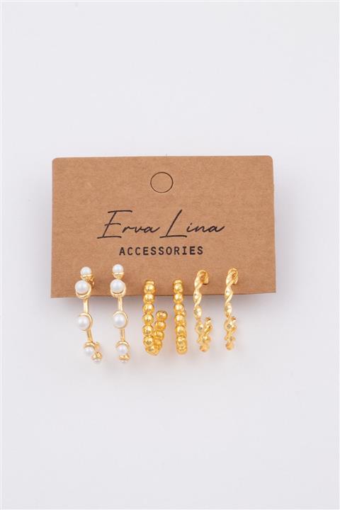 Ervalina 3 Çift Kombin Küpe Set 077 Altın Rengi