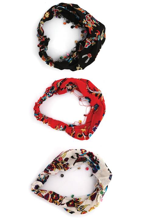 indirimsepeti Boncuklu Paraşüt Bandana Lastikli 3'lü Set Siyah Kırmızı Krem