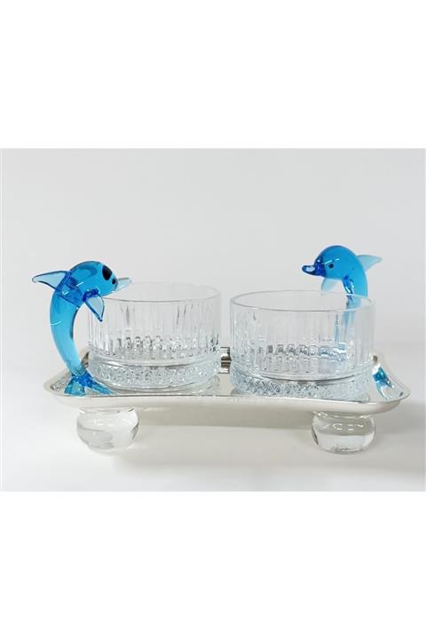 RAVİ Yunus 2 Li Dekoratif Cam Sosluk Tepsi Gümüş Kaplama