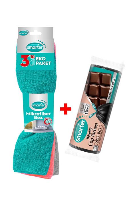 SMARTER Mikrofiber Bez 3 Lü + Çikolata Kokulu Büzgülü Orta Boy Çöp Torbası