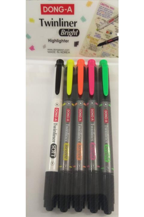DongA Twinliner 4 Neon Renk Ve Siyah Çift Taraflı Işaretleme Kalem Seti