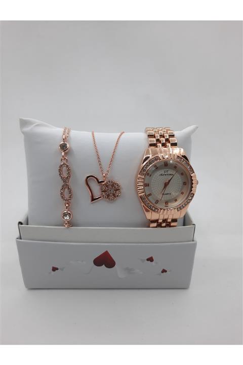 accessoriess Rose Gold Kalp Nabız Figürlü Bileklik Kar Taneli Kalpli Kolye Ve Taşlı Şık Saat Seti