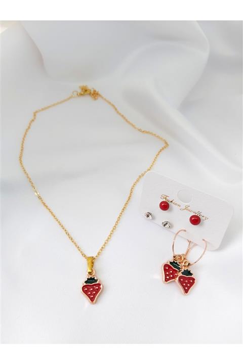 Binlerceal Çocuk Çilekli Küpe Kolye Set