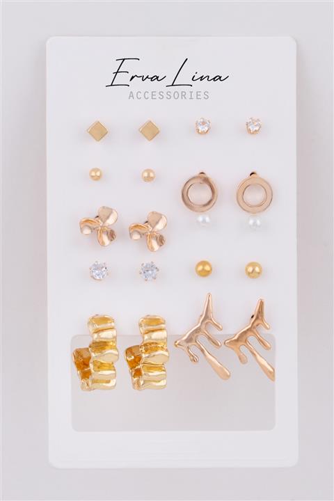 Alina 10 Çift Kombin Küpe Set Altın Rengi