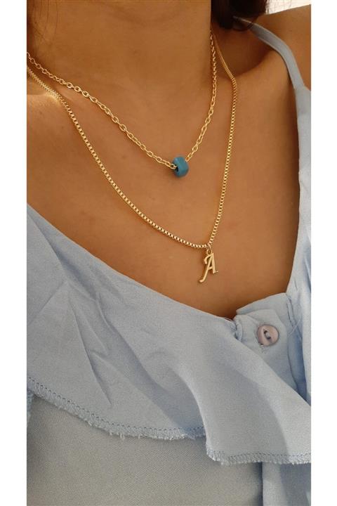 Şatafat Kadın A Harfli Mavi Boncuklu Kombin Kolye