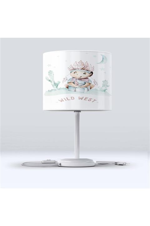 Else Halı Beyaz  Kızılderili Minik Çocuklu Desenli Çocuk Odası Abajur