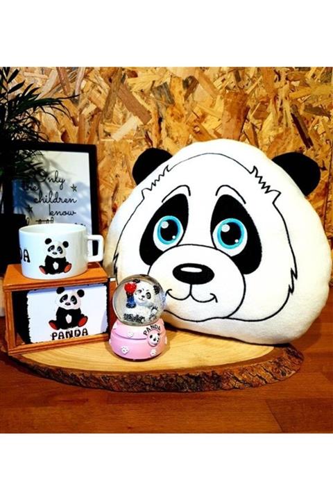 Hediye Deposu Beyaz 3d Panda Polar Yastık Kutulu Kupa ve Işıklı Kar Küresi Hediyelik Set