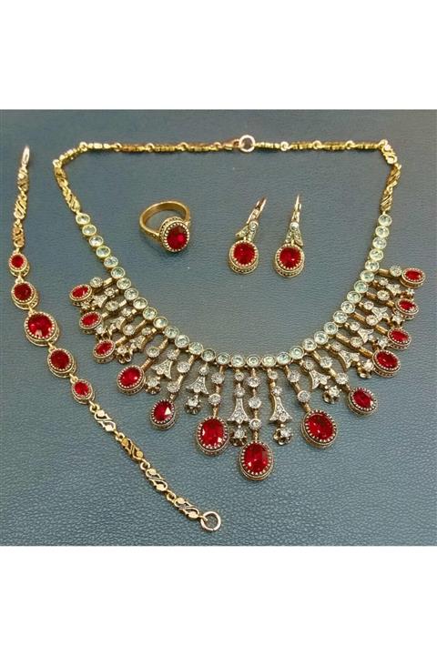 Aşina Gümüş Kadın Altın Yakut Swarovski Taşlı Elmas Montür Gerdanlık Küpe Yüzük Bileklik Set