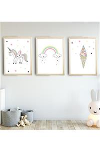 SUNNYFUNNYKIDS Bebek Çocuk Odası Tablo Unicorn Dondurma 3'lü Naturel Renk Doğal Ahşap Çerçeveli Set 30x40 Cm