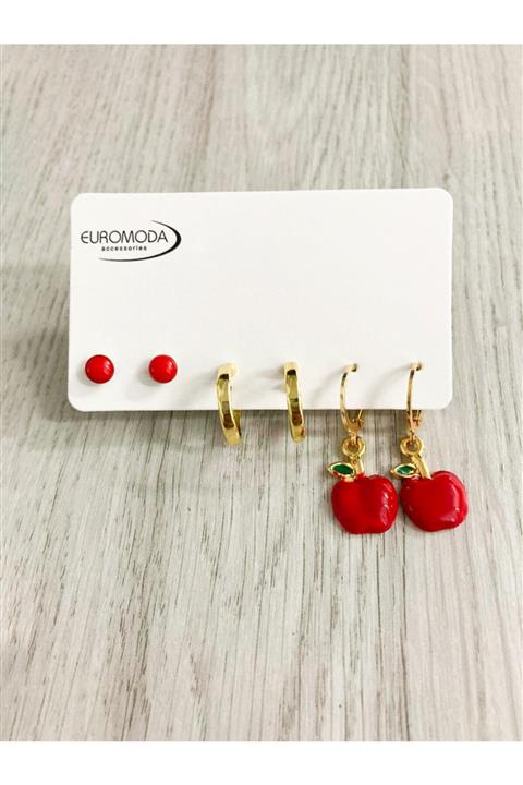 EUROMODA Kırmızı Elma Tasarımlı Gold Kaplamalı Kadın Kız Kancalı Sallantılı Küpe