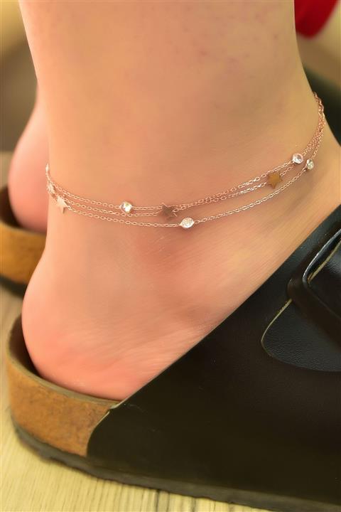 Papatya Silver 925 Ayar Gümüş Rose Kaplama Taşlı Yıldız Halhal