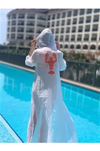 Harremsea Beachwear Beyaz Nakışlı Kaftan Kapüşonlu