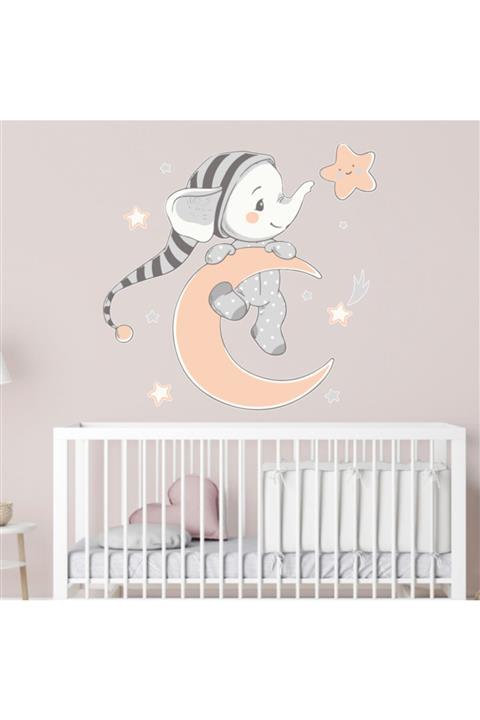 obibaskı Ay Üzerinde Duran Yavru Fil Dekoratif Çocuk Odası Stickeri