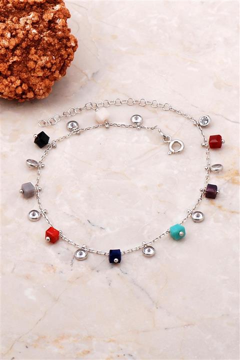 Sümer Telkari Sıra Taşlı Sallantılı Rodyumlu Gümüş Halhal 297