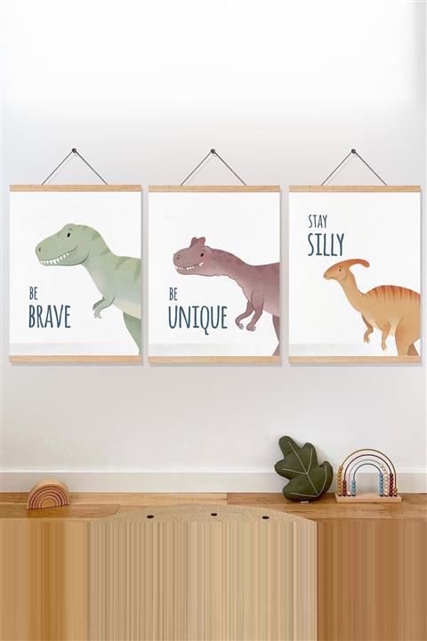 Canvartie Dinozor Dekoru Üçlü Askılı Deri Üzerine Baskı Çocuk Odası Tablosu 30x40