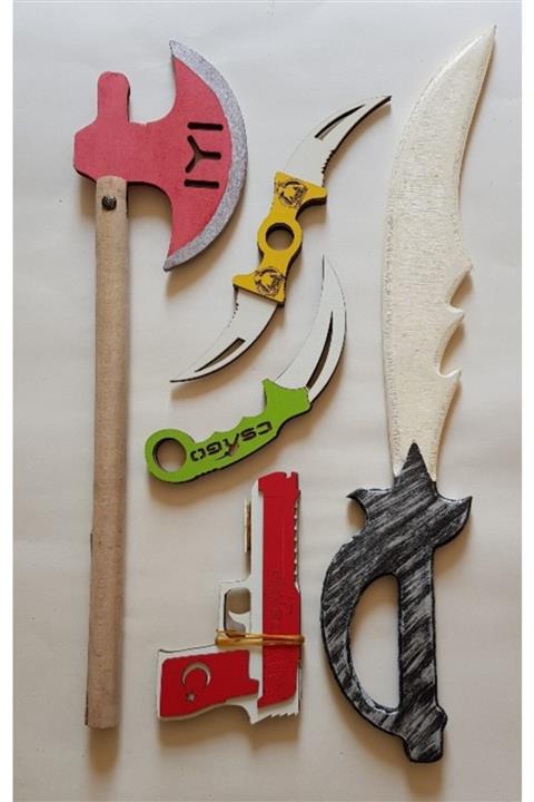 İKİ KAŞIK Beş Parça Ahşap Oyuncak Seti, Balta, Kılıç, Tabanca, Karambit