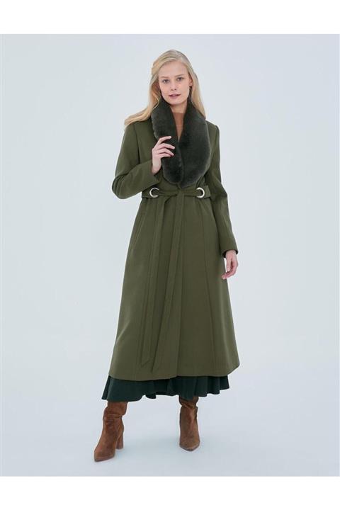 Kayra Kadın Haki Kürklü Kuşaklı Kaban