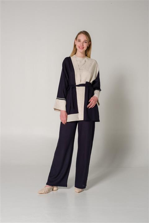 Mizalle Parçalı Keten Bej Kimono