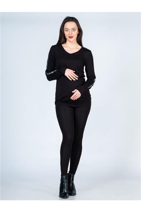 BUSA Hamile Bluz Kol Şerit Desenli Model Siyah