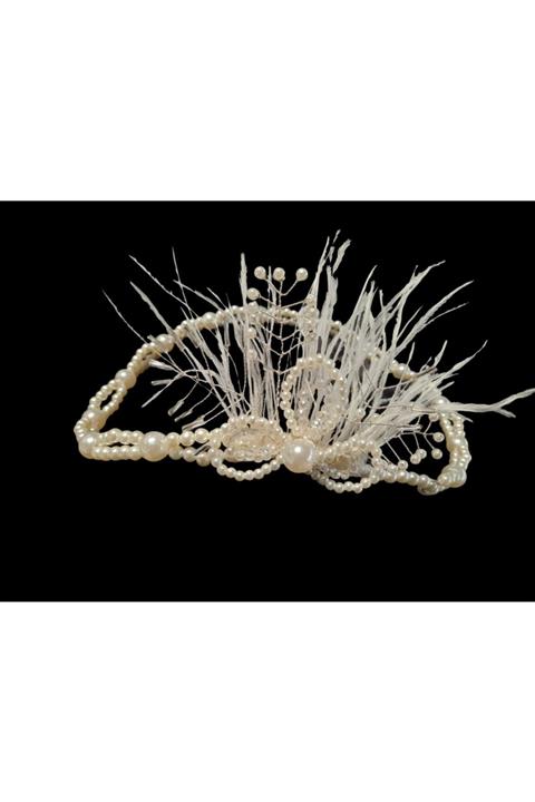 Atölye Bests Incili Tüylü Gelin Tacı