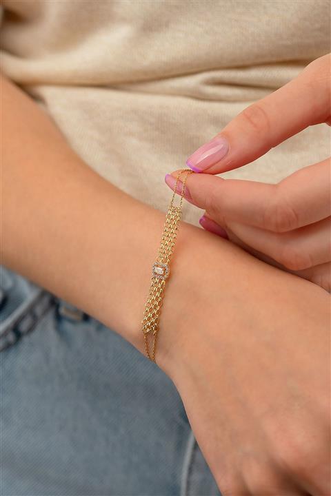 GençTaş Kuyumculuk 14 Ayar Altın Baget Taşlı Ezme Bileklik