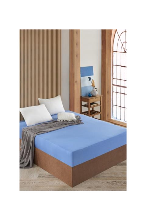 ZBAHOME Lastikli Penye Çarşaf Battal Boy Pamuklu Mavi