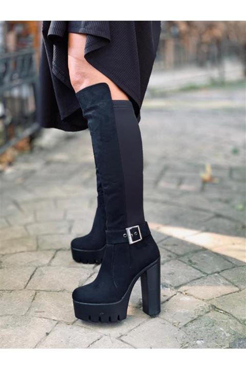 Shoe Miss Kadın Siyah Süet Uzun Platform Topuk Streç Çizme