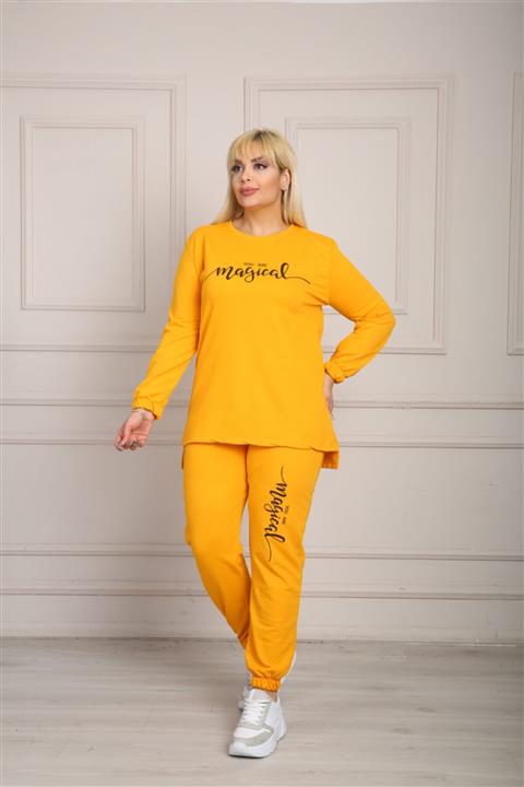 ModaSehle Kadın Sarı Büyük Beden Yazılı Eşofman Takım