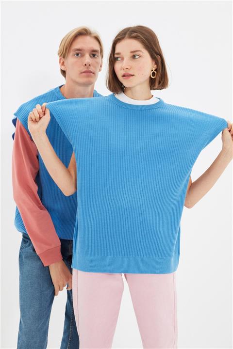 TRENDYOL MAN Mavi Unisex Oversize Geniş Kalıp Bisiklet Yaka Triko Süveter TMNAW22SV0065