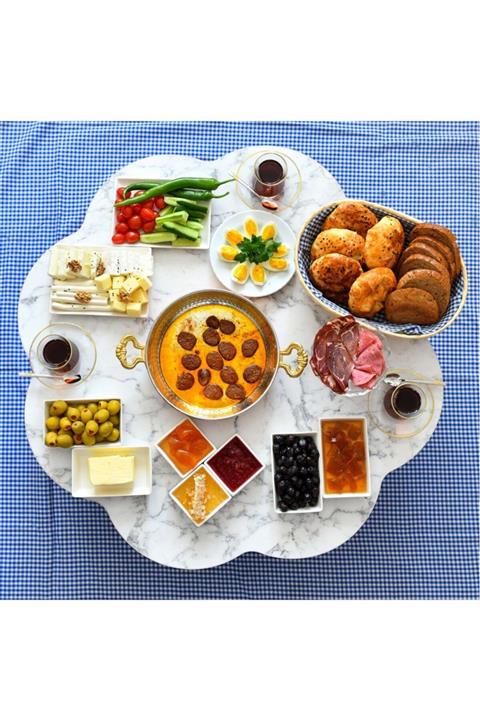 arvenlive 90 Cm Beyaz Mermer Desenli Ahşap Katlanabilir Papatya Yer Sofrası, Yer Masası, Yemek Masası ,sofra