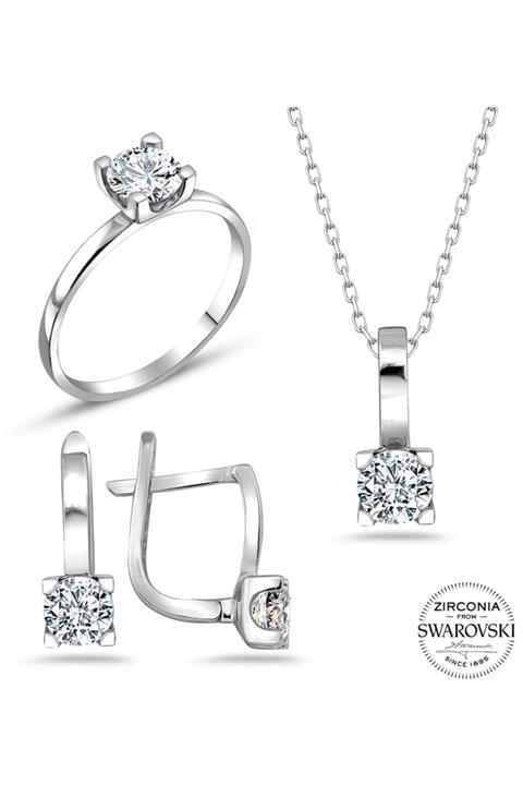 Else Silver Swarovski Tek Taşlı Gümüş Takı Seti