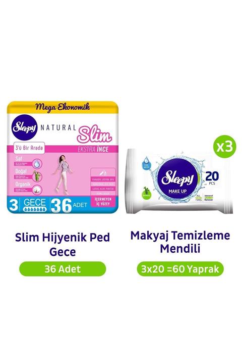 Sleepy Natural Slim Gece Hijyenik Ped 36'lı Makyaj Temizleme Mendili 3x20 60 yaprak
