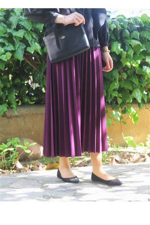 cember Kadın Mor Pileli Beli Lastikli Uzun Etek 10004