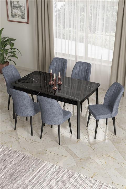 Canisa Concept Ada Mutfak Masa Takımı  80x130 Yemek Masası Takımı Siyah Mermer Desen 6 Füme Sandalye