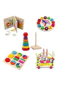 HAMAHA Ahşap Eğitici Oyuncaklar 5 Li Set Zeka Algı Oyunları Helezon - Puzzle - Saat - Geometrik Şekiller