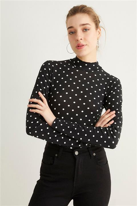 Bipantolon Kadın Siyah Beyaz Puantiye Desenli Body