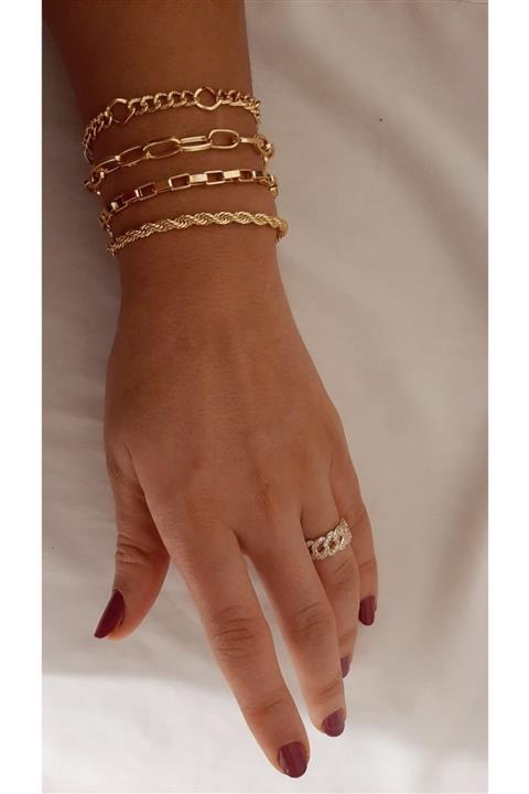 Şatafat Kadın Altın/gold Dörtlü Kombin Zincir Bileklik
