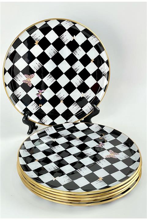 Glore Siyah Kareli Pasta Tabağı 6 Lı